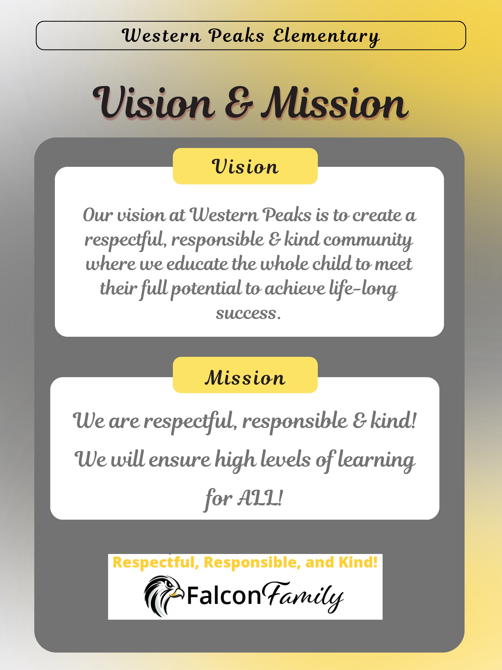 Poster with falcon head and text outlining mission and vision